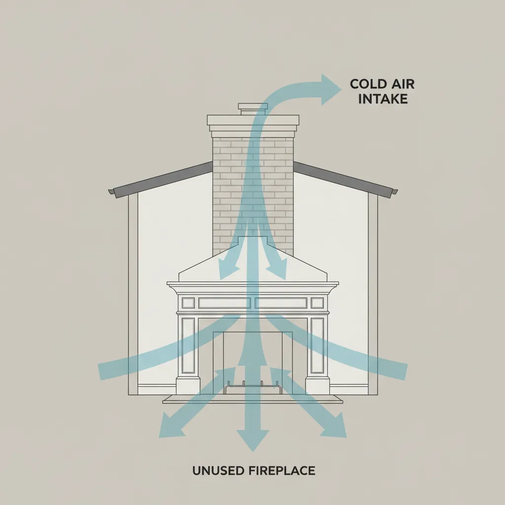 diagram showing cold air drafts entering unused fireplace chimney
