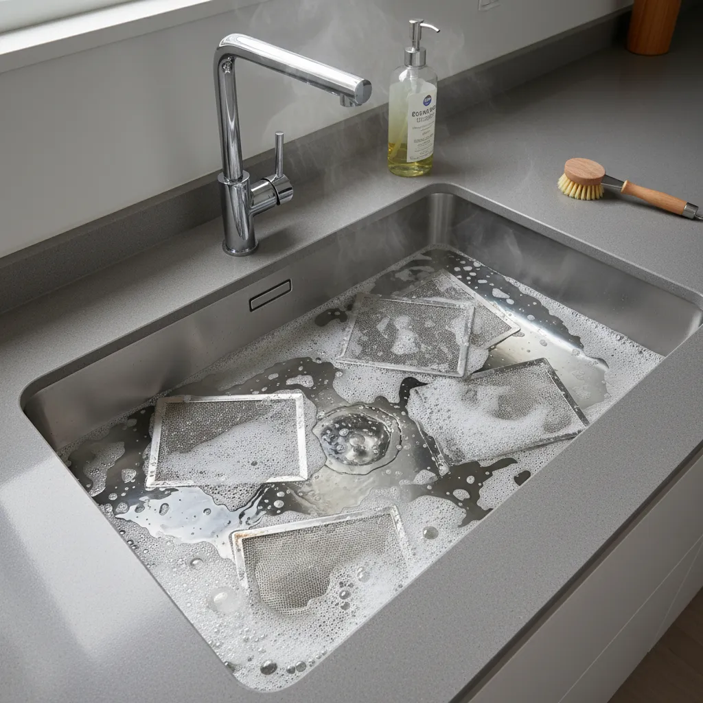 kitchen chimney filters soaking in hot water and detergent for cleaning