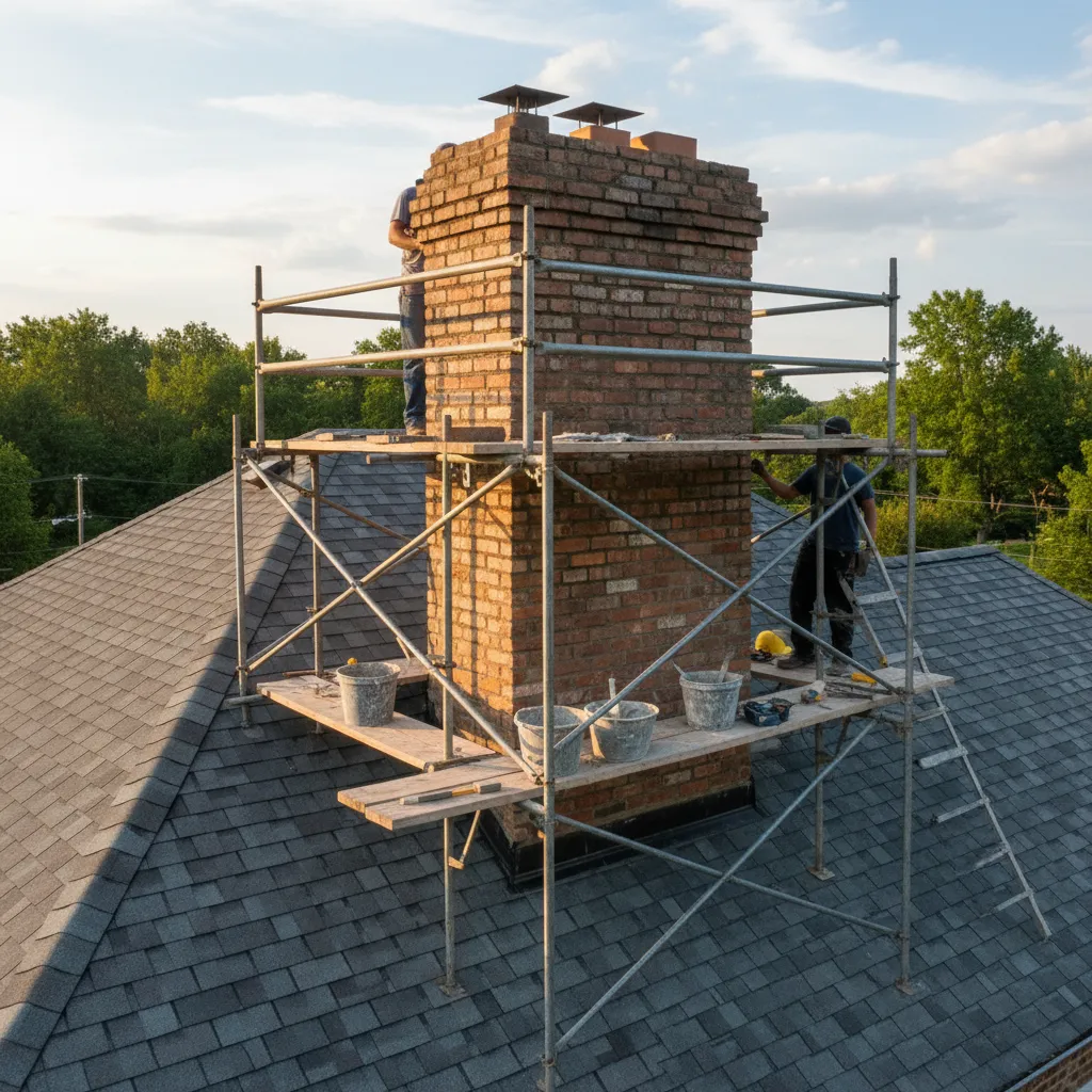 roof view showing chimney masonry repair work