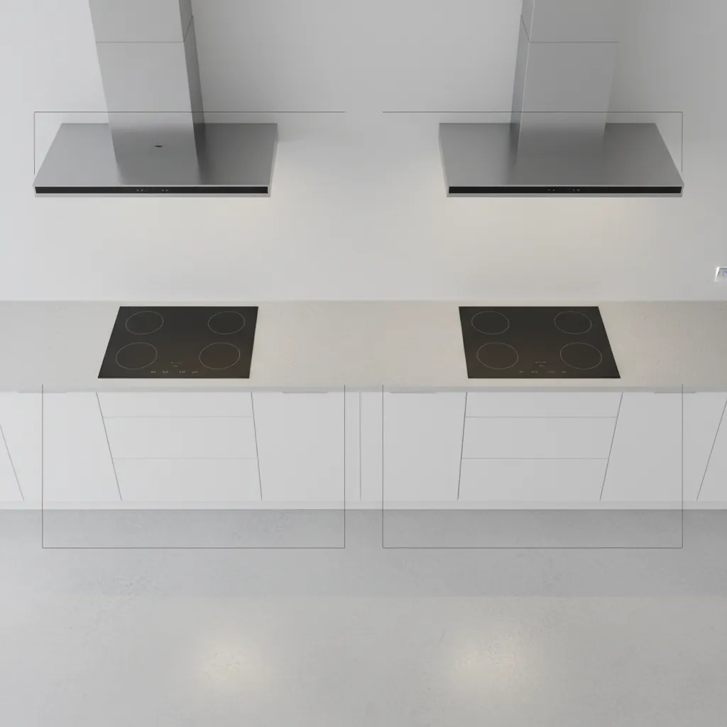 visual comparison showing chimney width aligned with stove size in kitchen layout
