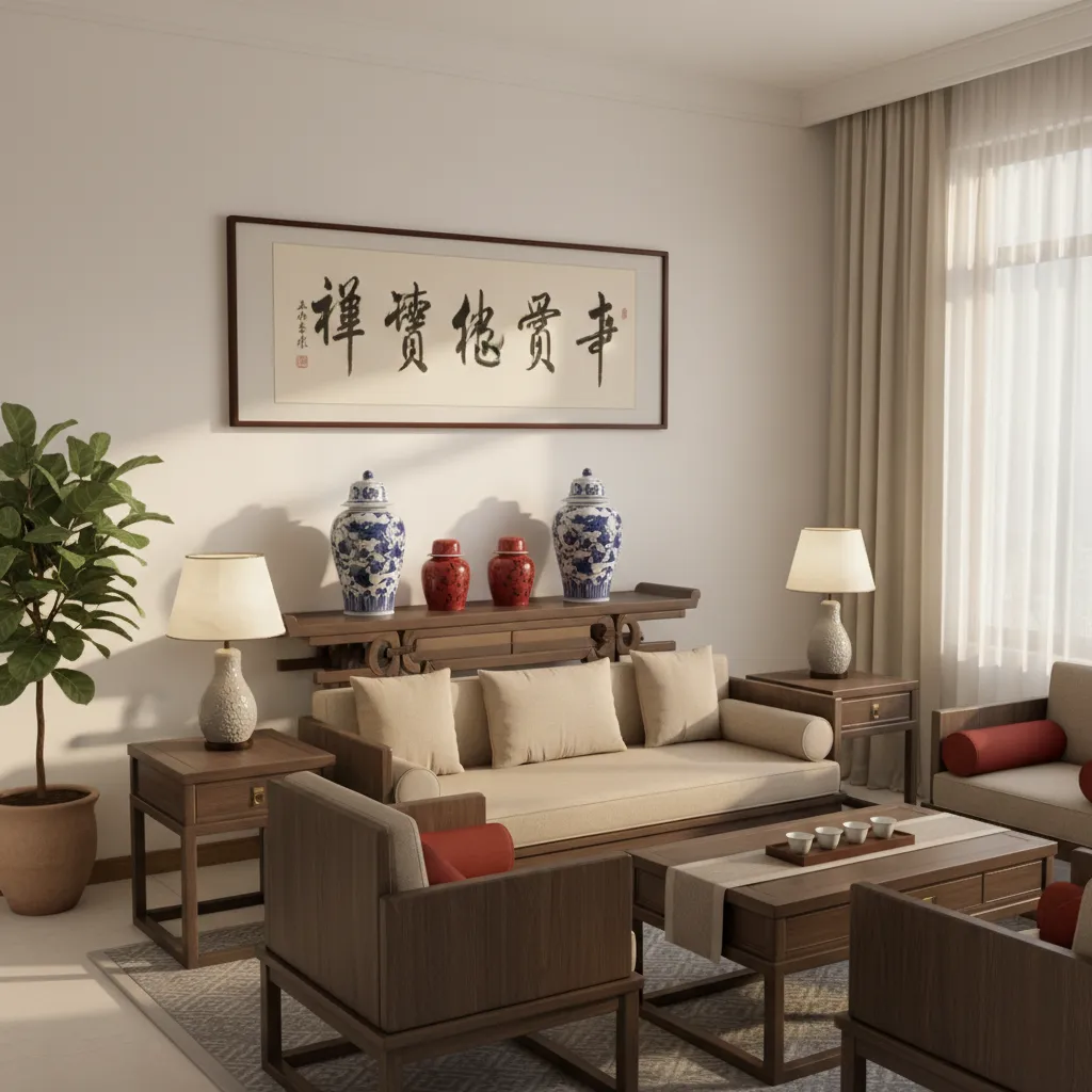 Chinese living room with calligraphy art and porcelain decor placed symmetrically