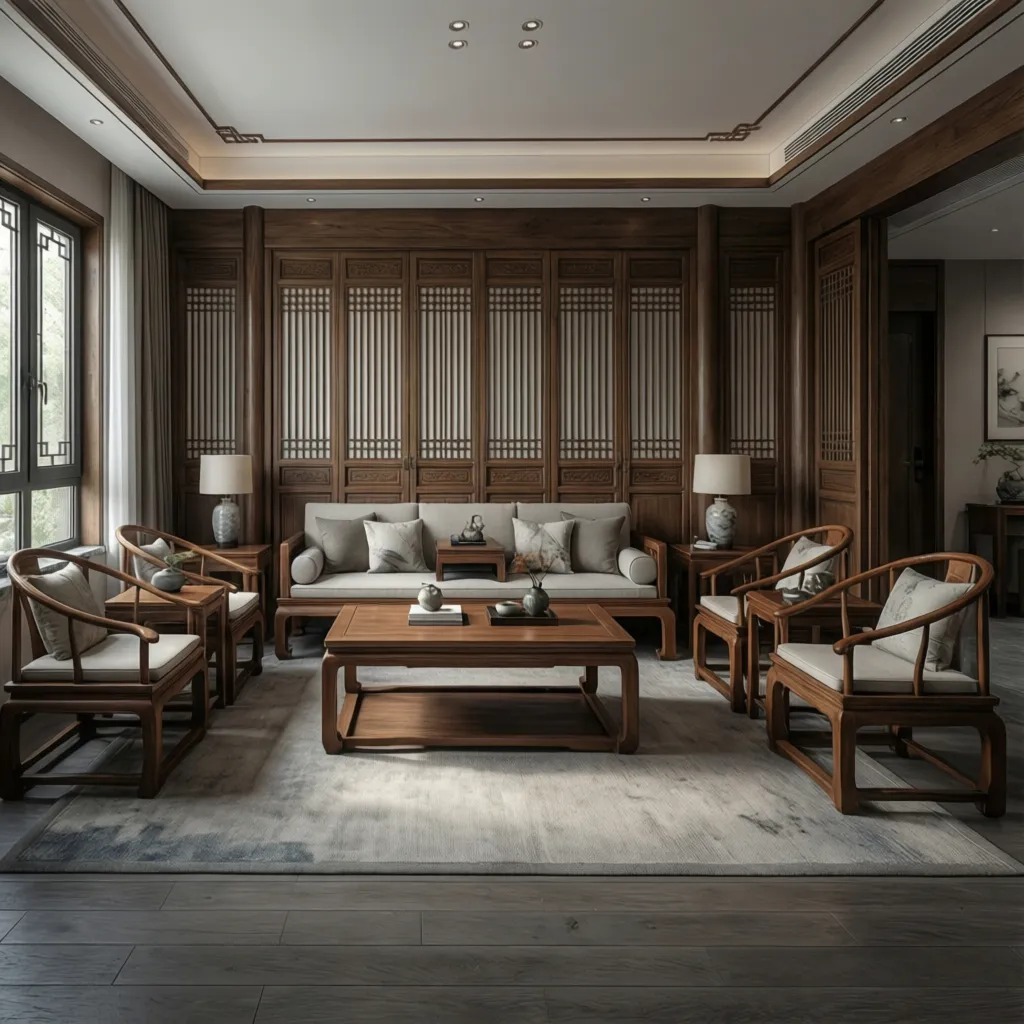 Chinese style living room interior demonstrating feng shui furniture layout