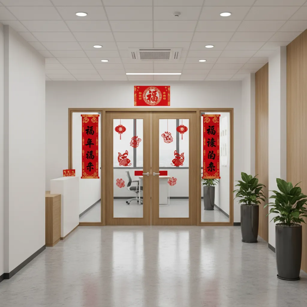 office doorway decorated with Chinese New Year couplets