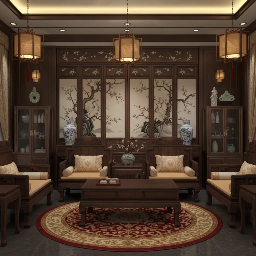 Chinese traditional living room with carved wood furniture and symmetrical layout