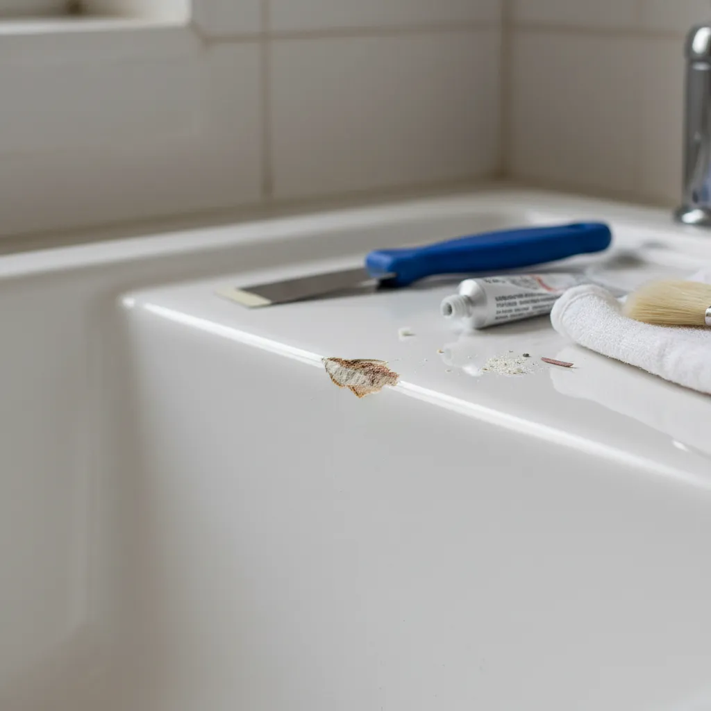 Small chip in ceramic utility sink surface prepared for repair