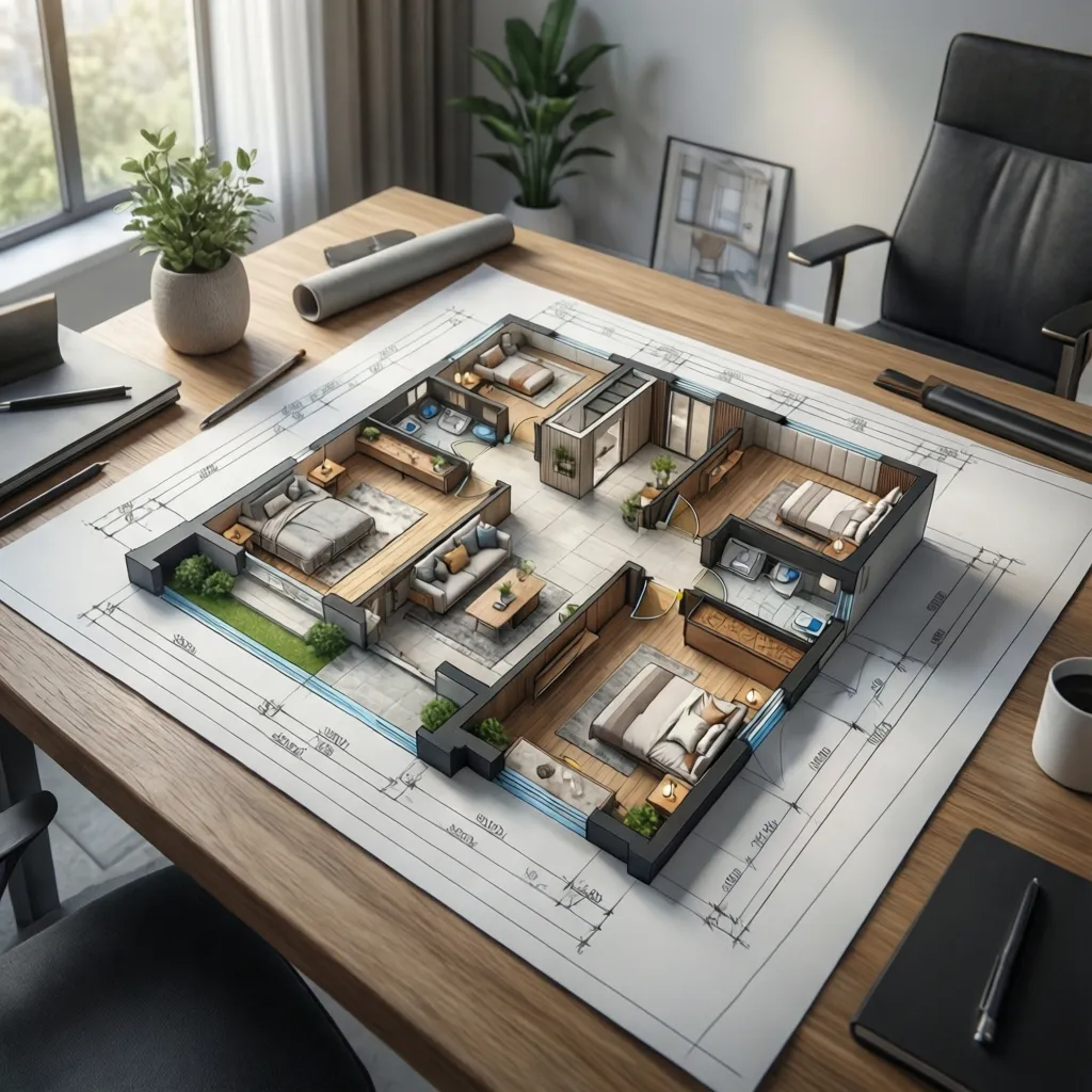 Interior design drawing showing a three bedroom apartment layout with modern furniture on a wooden desk