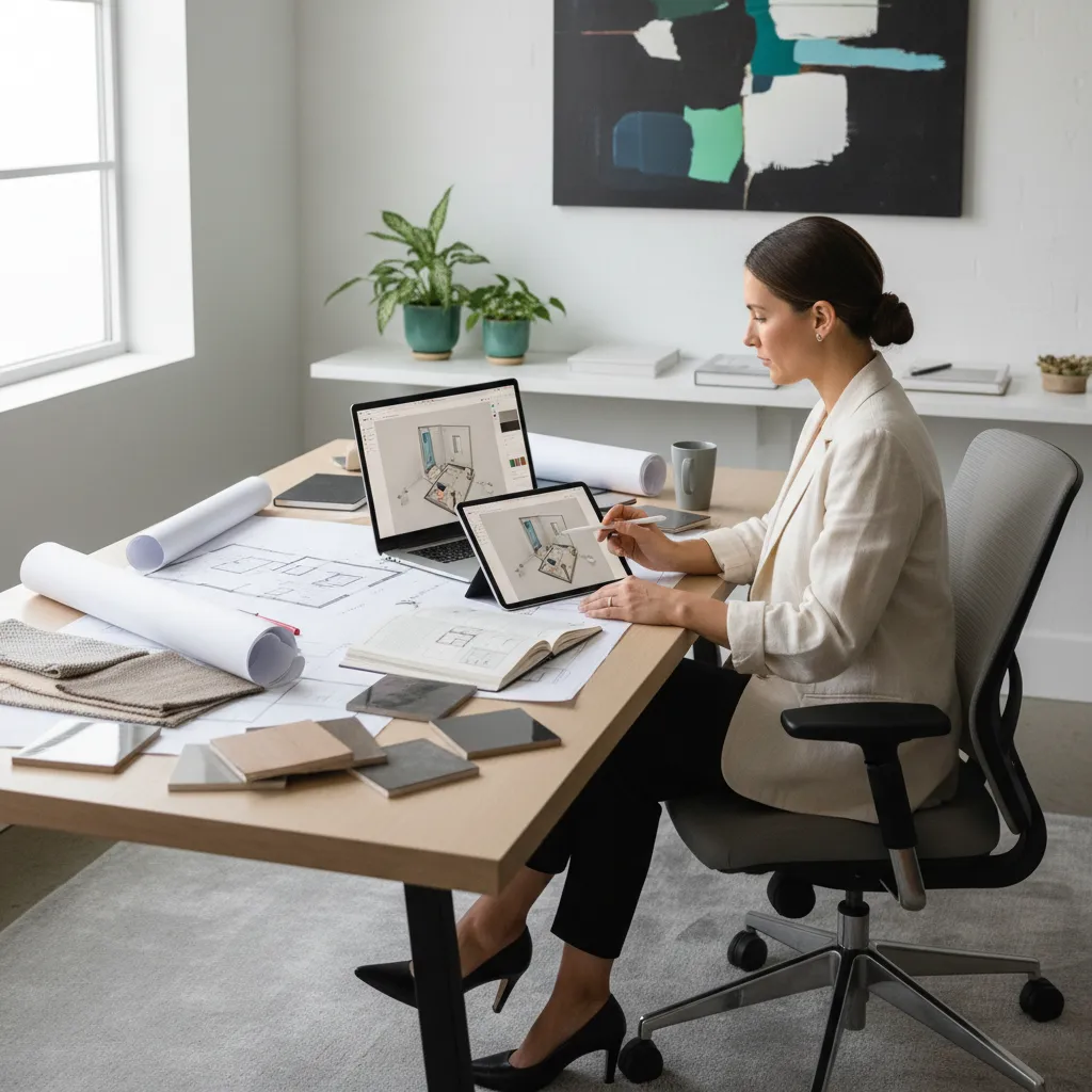 Female interior designer working at a desk with laptop tablet paper floor plans and samples