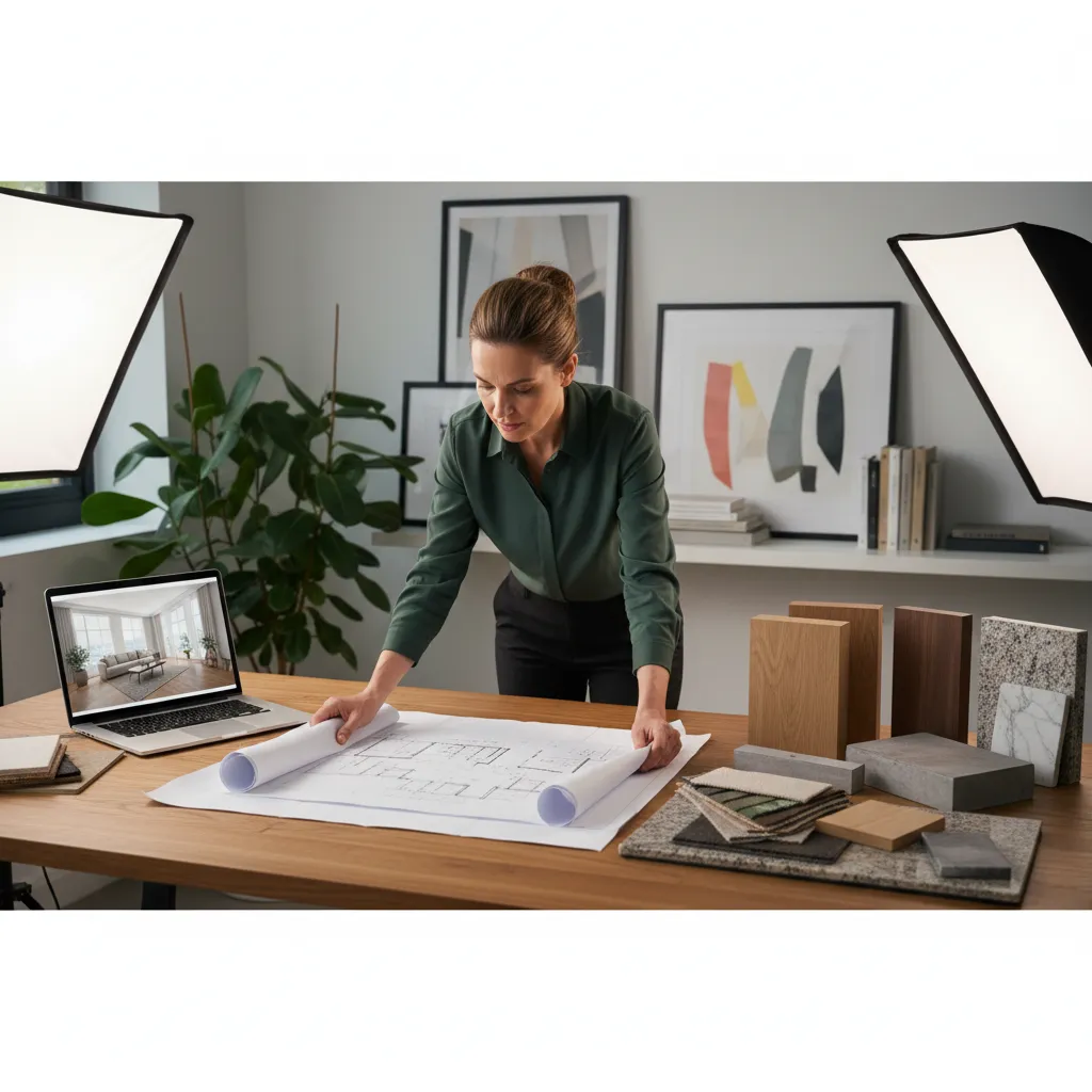 Diseñador revisando planos de interiorismo en una mesa de trabajo