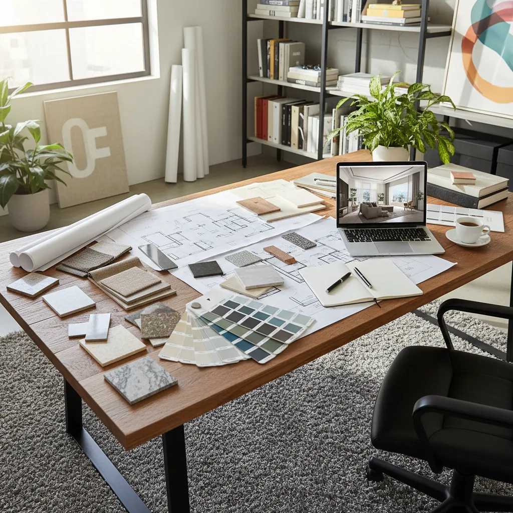 Diseñador planificando estilos de interior con planos y muestras de materiales
