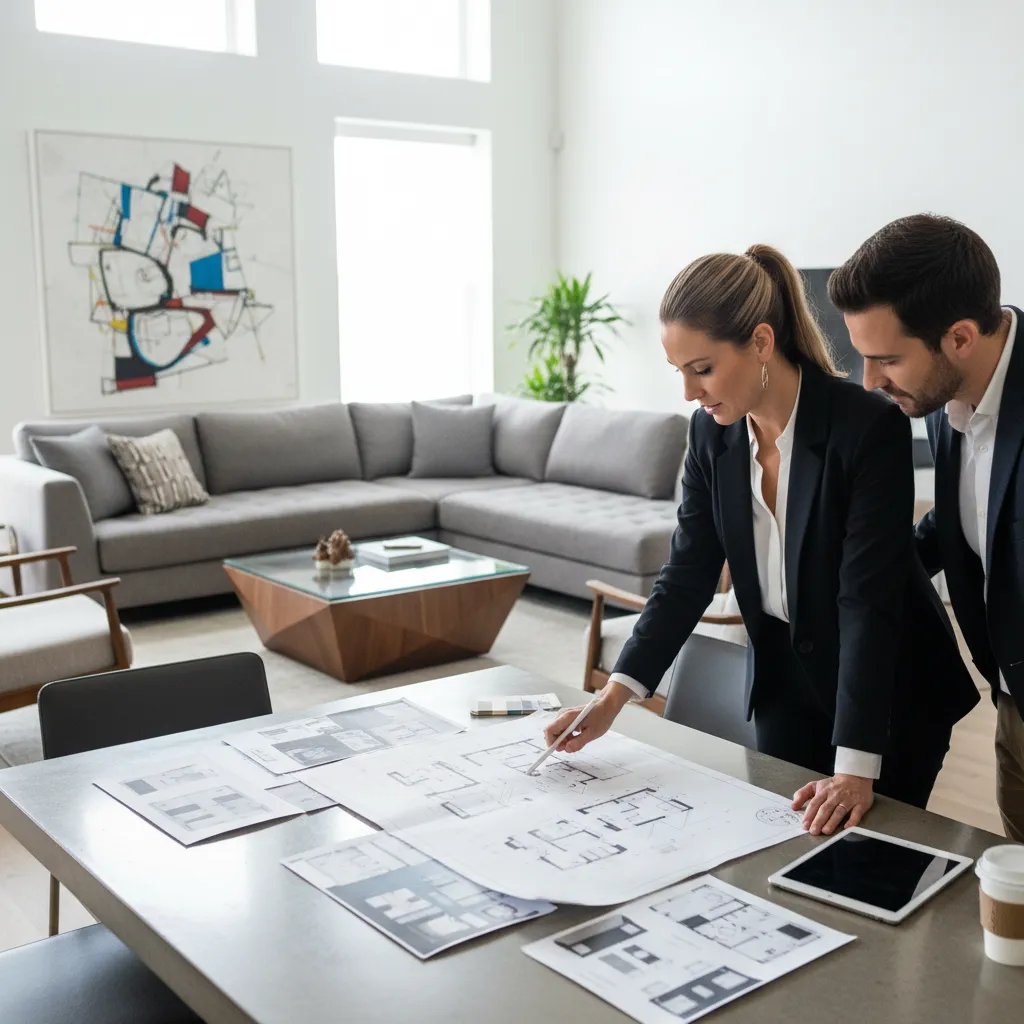 Two designers discussing house room layout interior design drawings on a table in a room