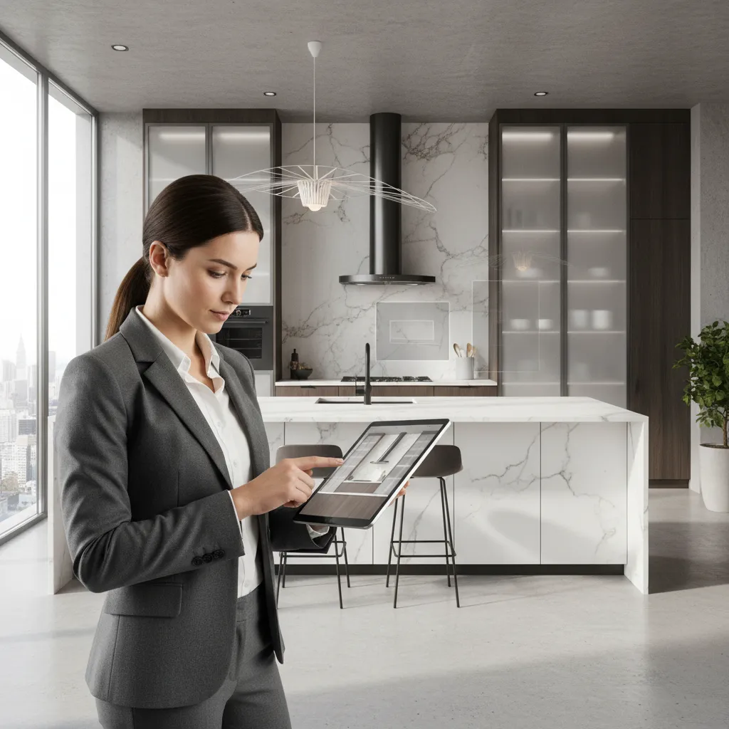 Designer reviewing kitchen layout and chimney placement options