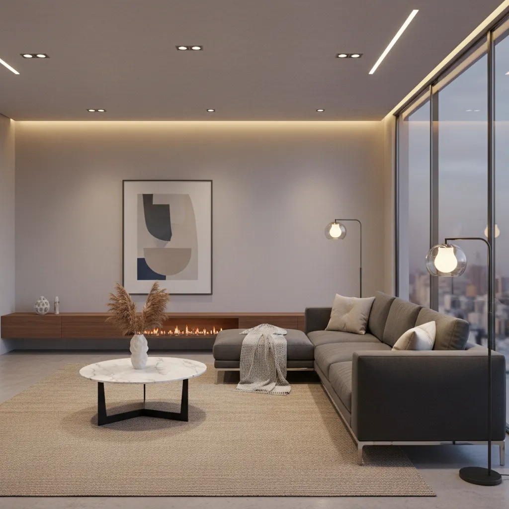 LED bulbs with different brightness levels lighting a modern living room
