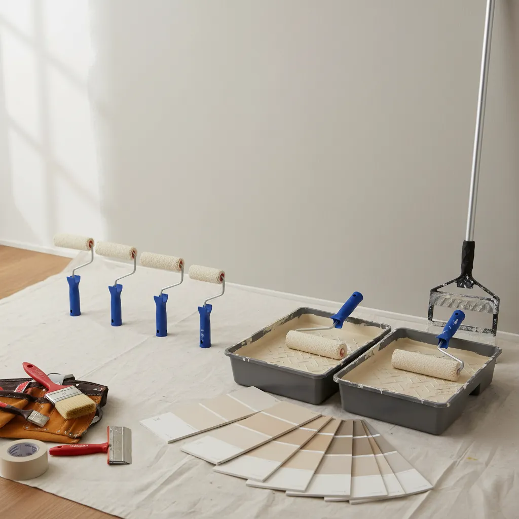 paint samples and rollers on a clean interior wall surface