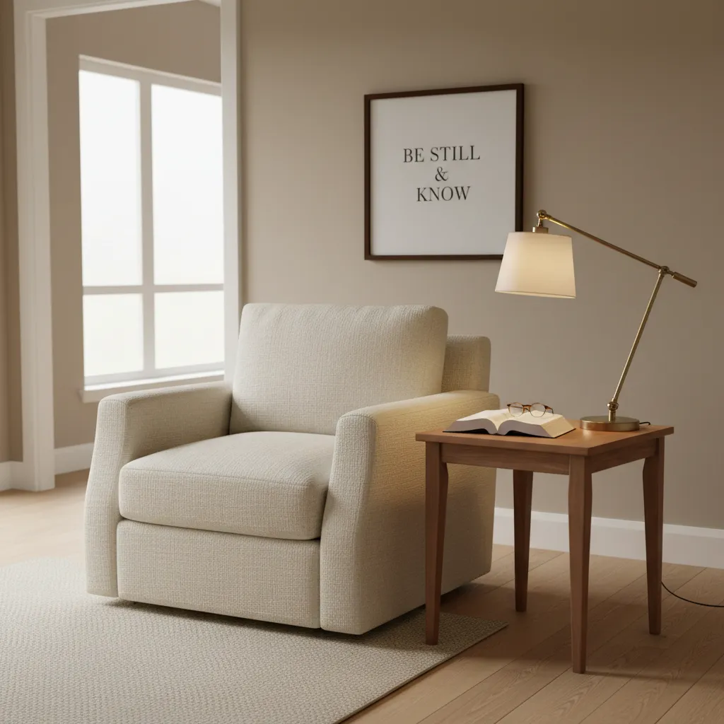 small prayer corner in home with chair, lamp and framed bible verse