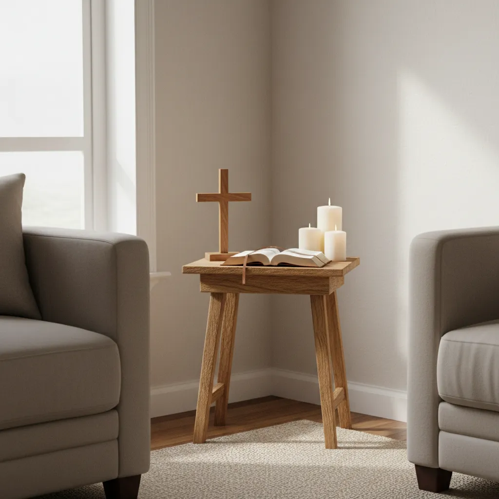 Christian prayer corner with cross candle and bible on a small table