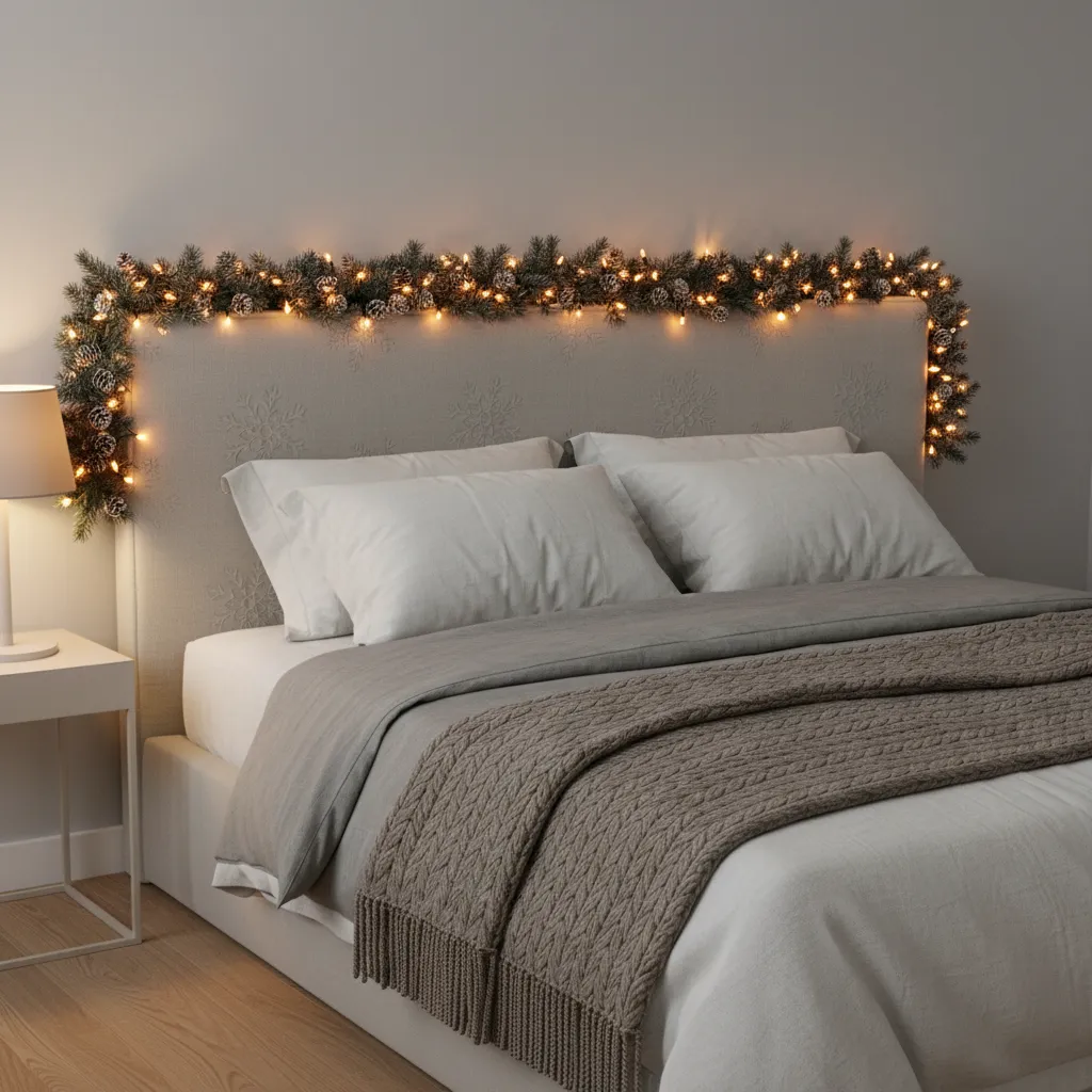 bedroom headboard decorated with warm fairy lights for Christmas