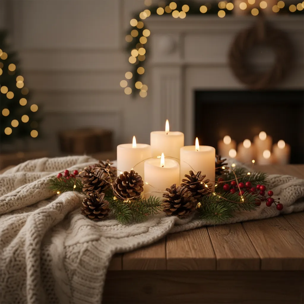 Chi tiết trang trí Noel với nến và đèn dây