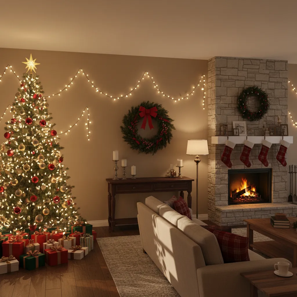 Cozy living room with Christmas tree, gifts, stone fireplace with stockings, wreath, and string lights