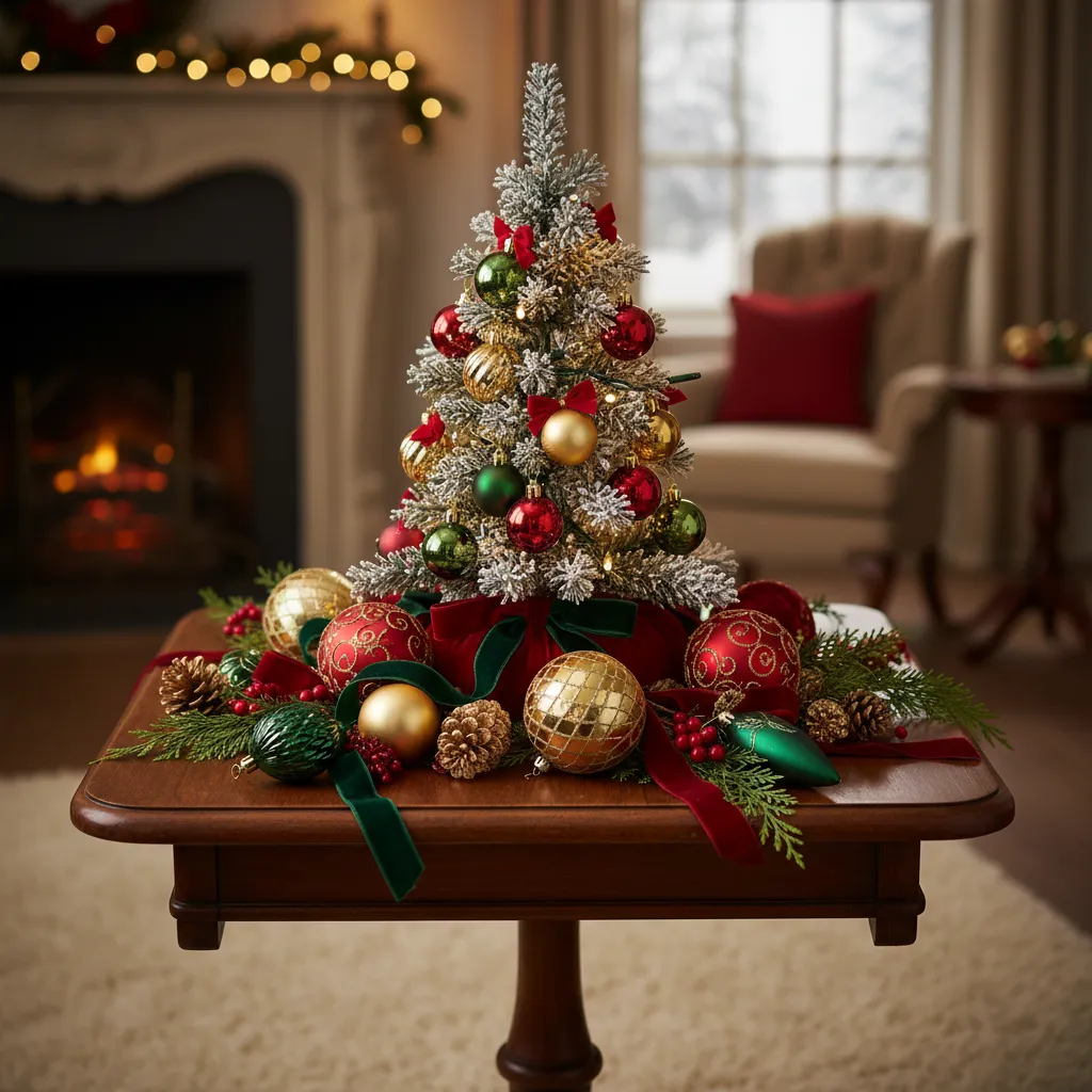 Tabletop Christmas tree with red and gold ornaments on wood table near a warm fireplace
