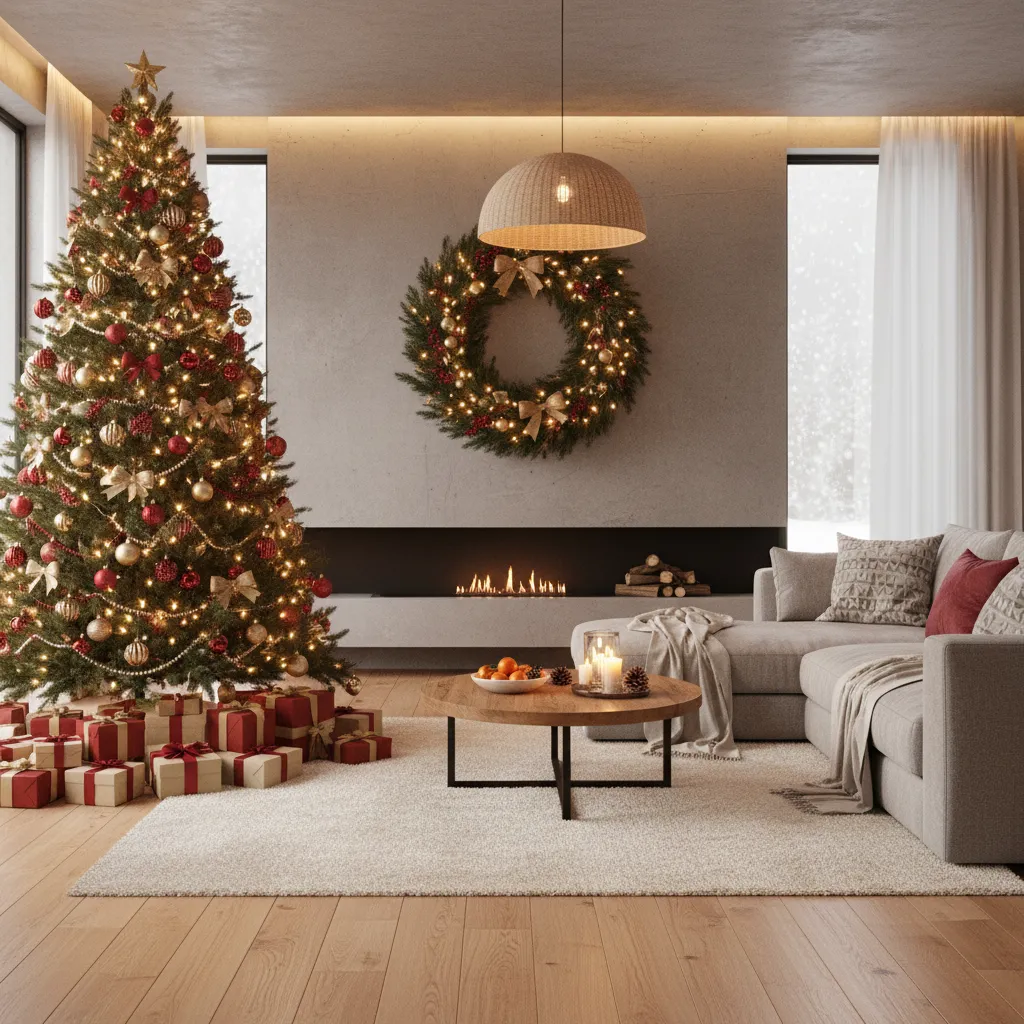 Modern living room featuring Christmas tree, gifts, fireplace, wall wreath, grey sofa, and coffee table