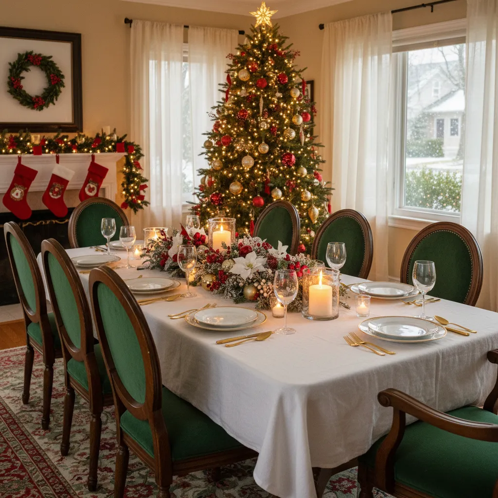 Comedor decorado para Navidad con mesa larga y centro navideño