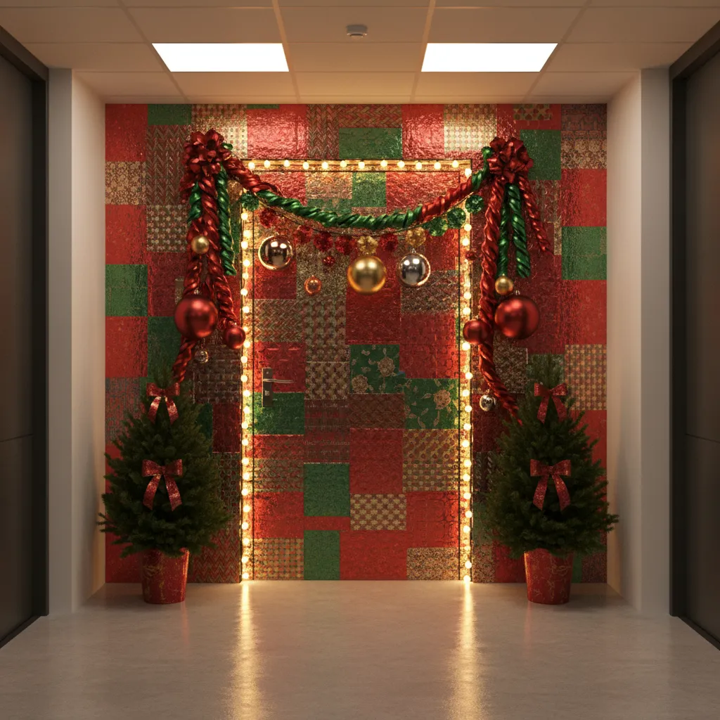 Office door Christmas decoration using bright colors and string lights