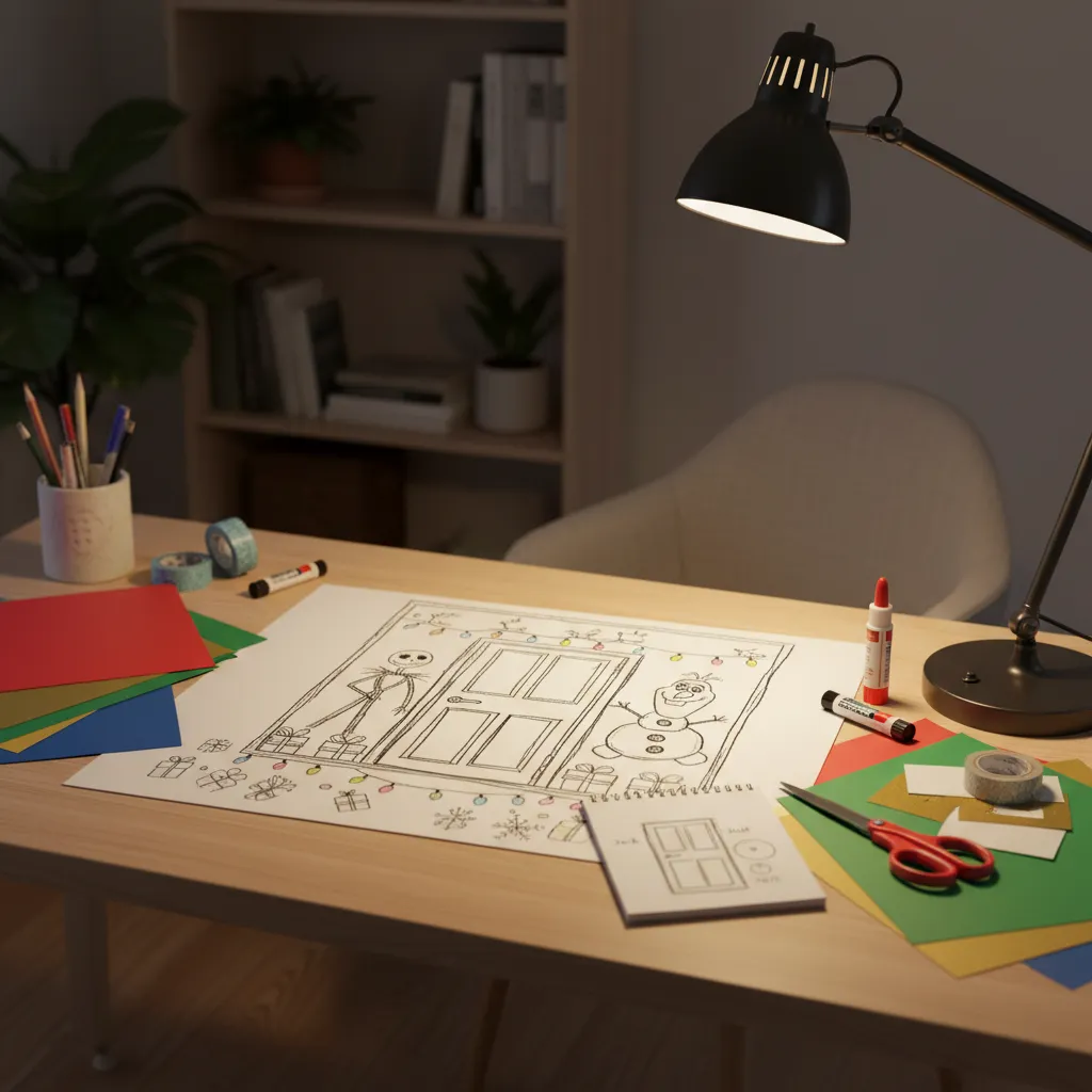 Planning layout for Christmas door decorating contest with sketches and craft materials