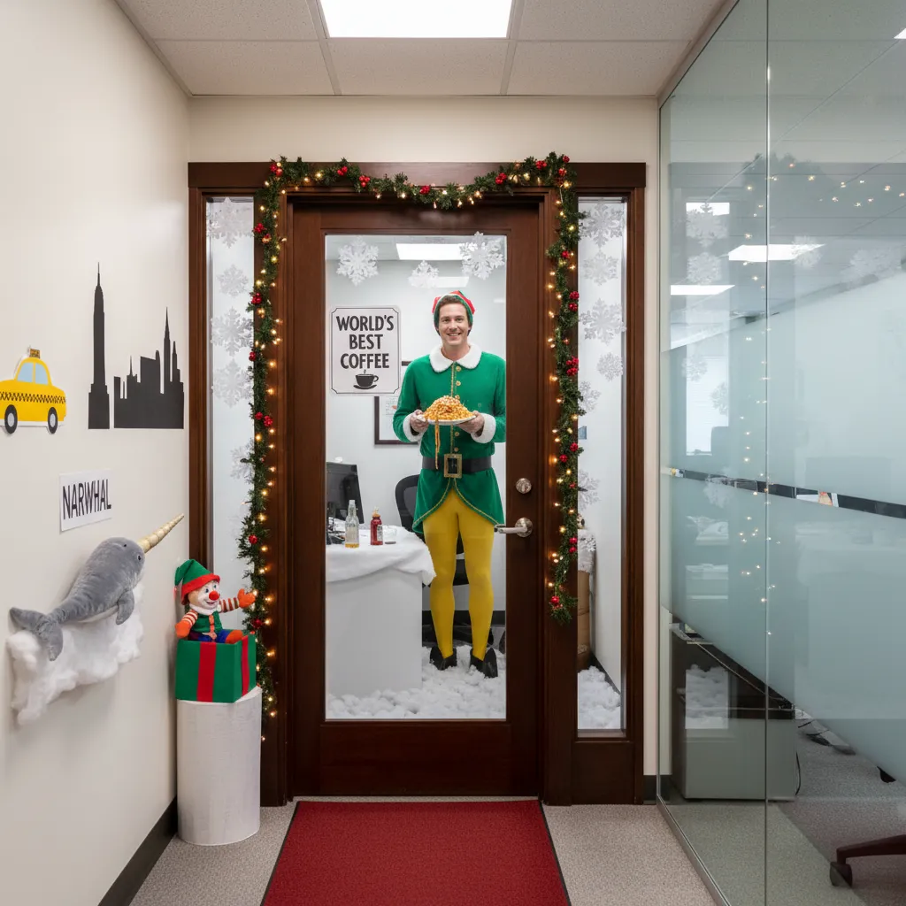 Holiday door decoration recreating a Christmas movie scene