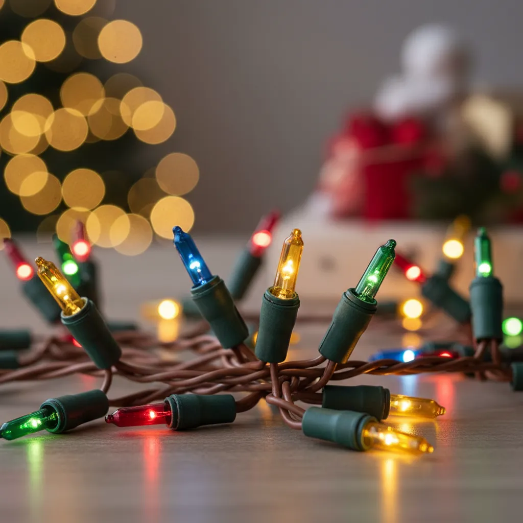 Close-up of colorful Christmas light string bulbs glowing