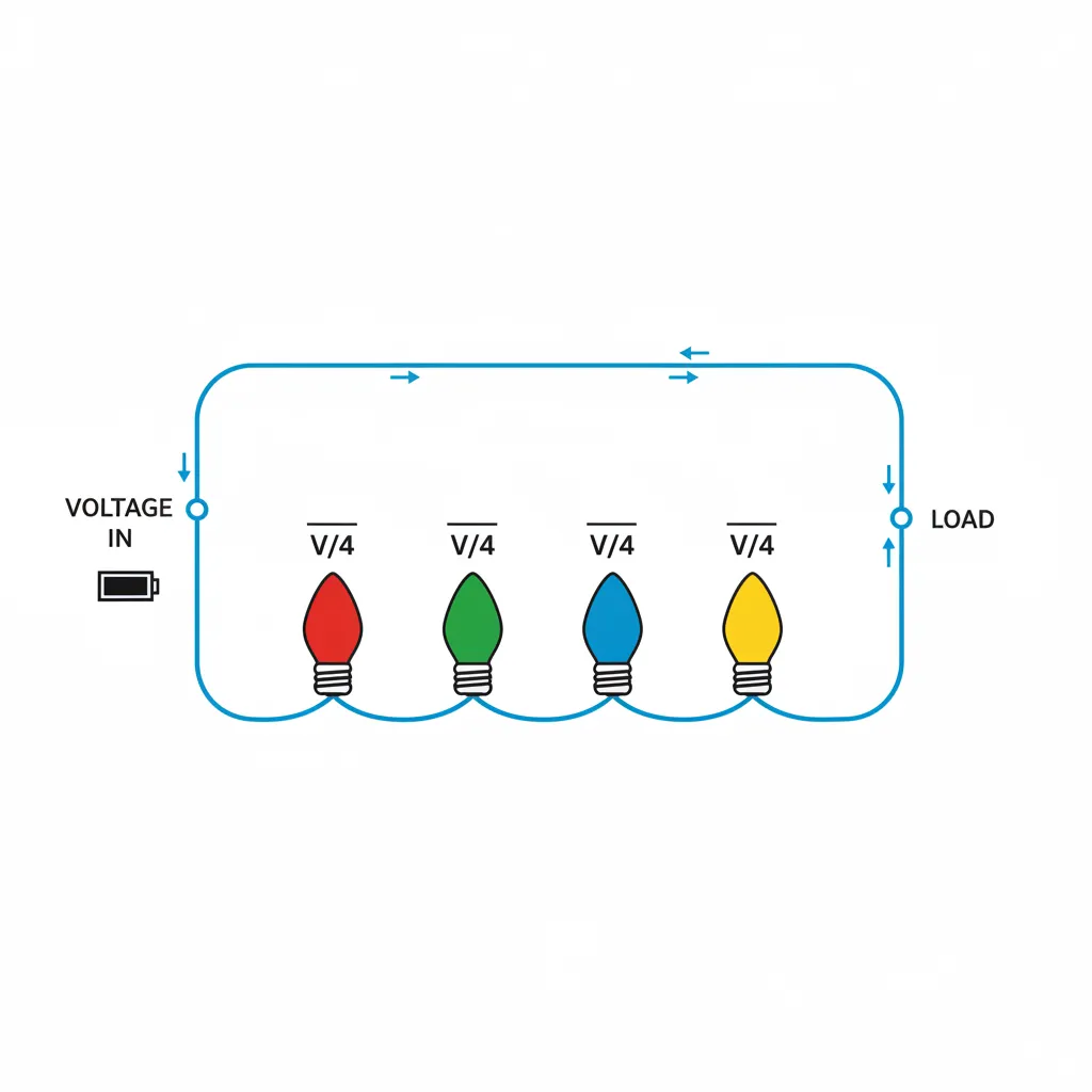 Diagram showing series wiring of Christmas light bulbs sharing voltage