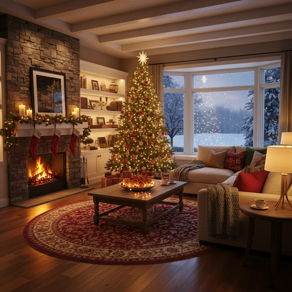 Interior de salón navideño con árbol decorado y muebles en perspectiva