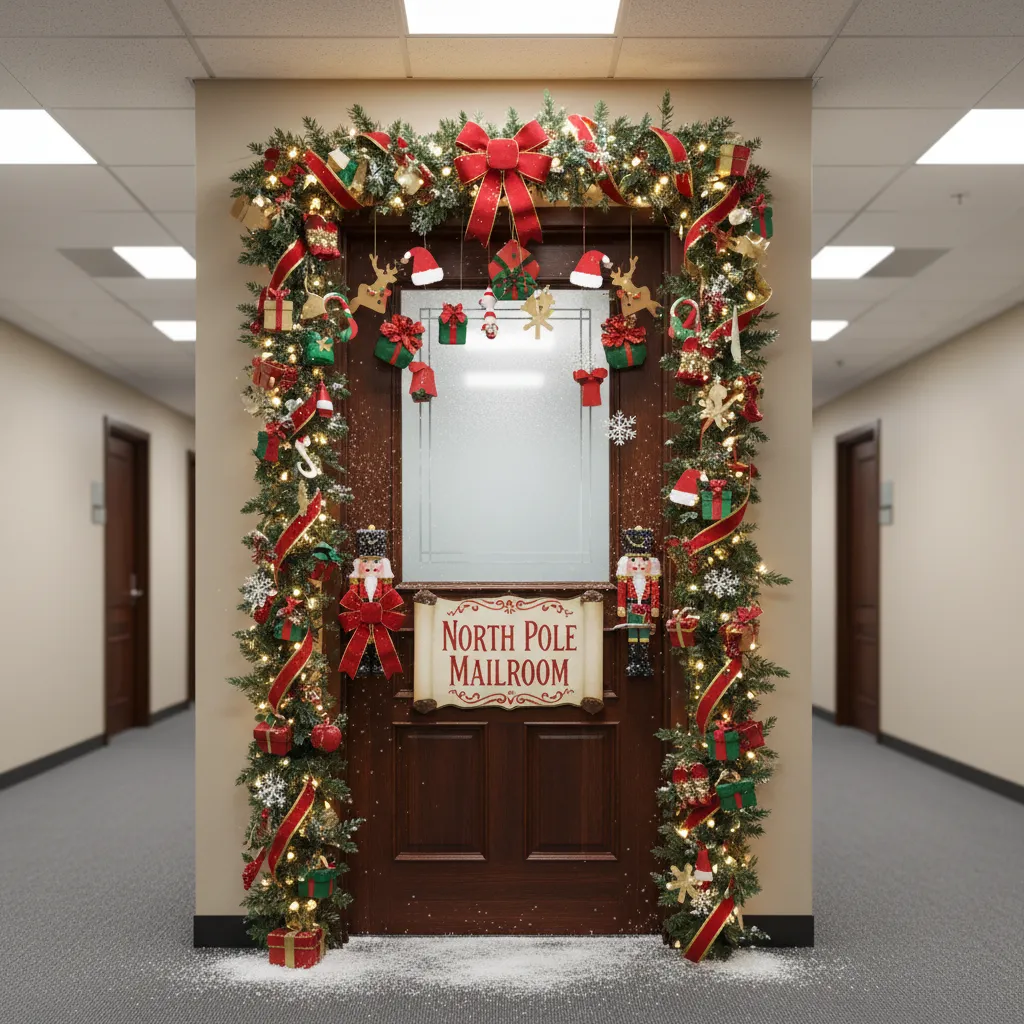 Office door decorated with a Christmas movie theme display