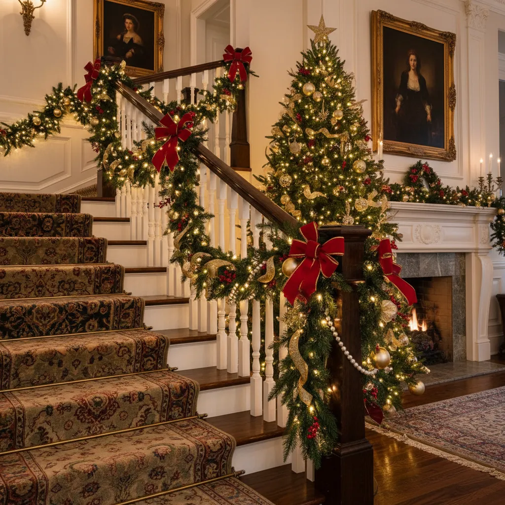 Escalera interior decorada con guirnaldas y luces de Navidad