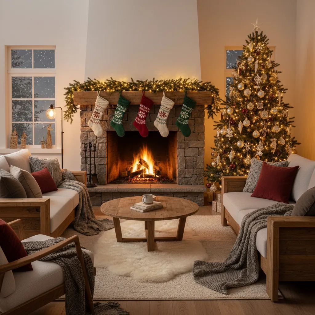 Warm living room with stone fireplace five stockings lit Christmas tree wooden sofas and table