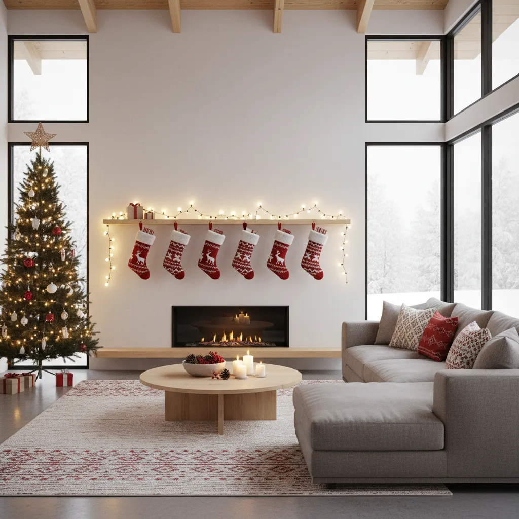 Modern living room with white walls fireplace red stockings Christmas tree grey sofa and windows