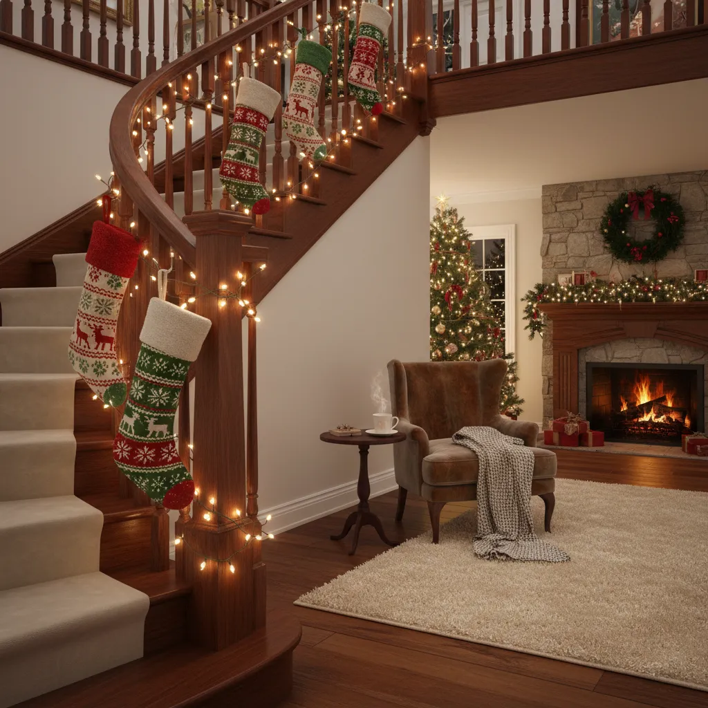 Cozy living room with stockings on staircase railing lights armchair fireplace and a Christmas tree