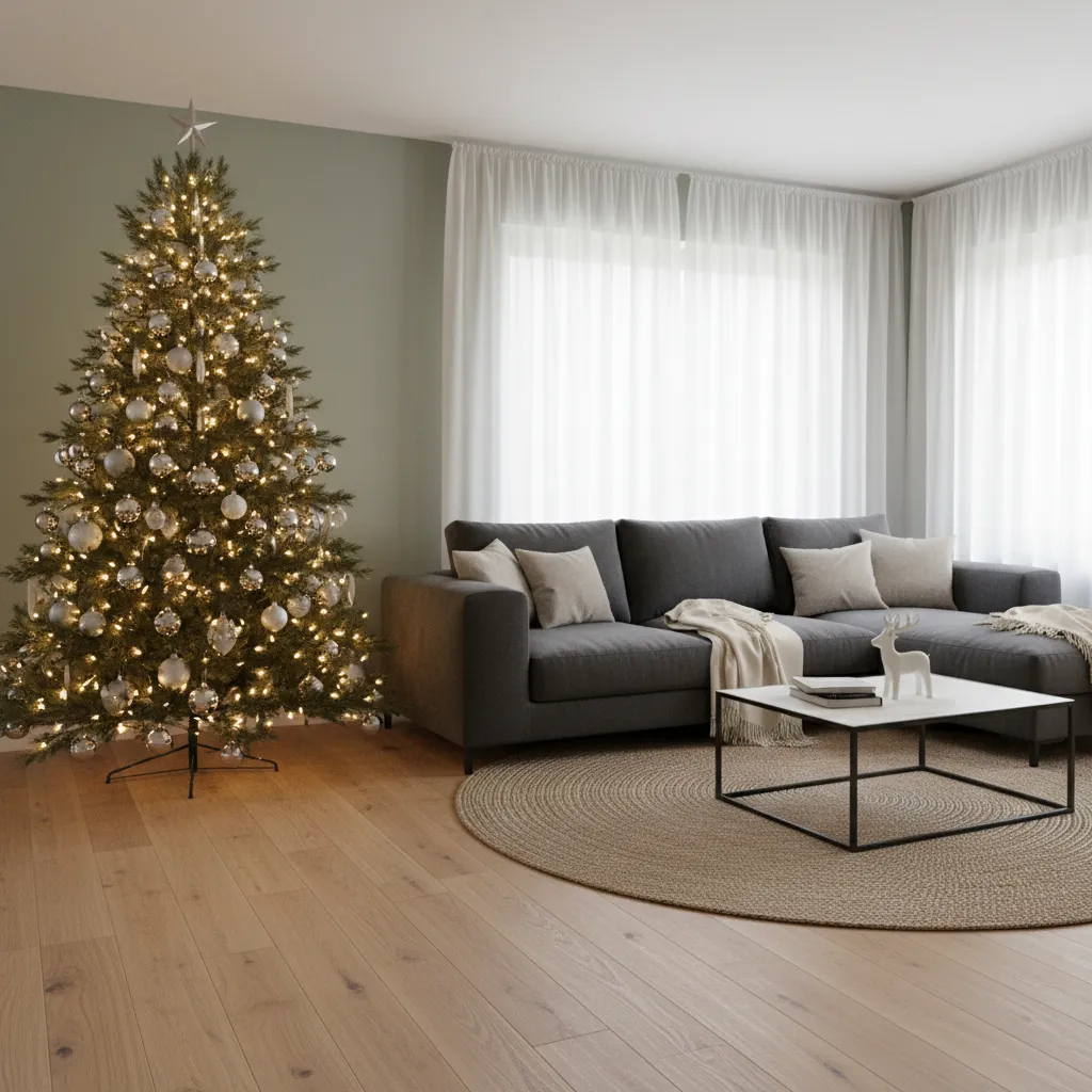 Large lit Christmas tree standing near grey sofa white curtains wooden floor and round rug