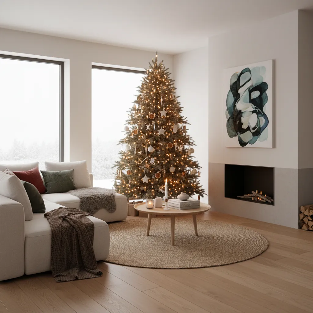 Cây thông Noel đặt tại phòng khách với đèn trang trí