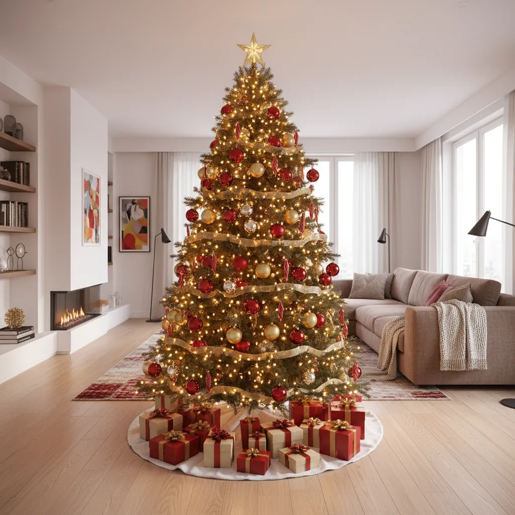 Cây thông Noel trang trí trong phòng khách với đèn LED và quà Giáng Sinh