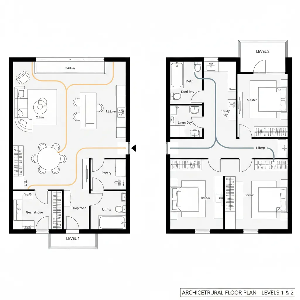 Interior design drawing of two levels featuring kitchen dining area bedrooms and bathrooms with floor paths