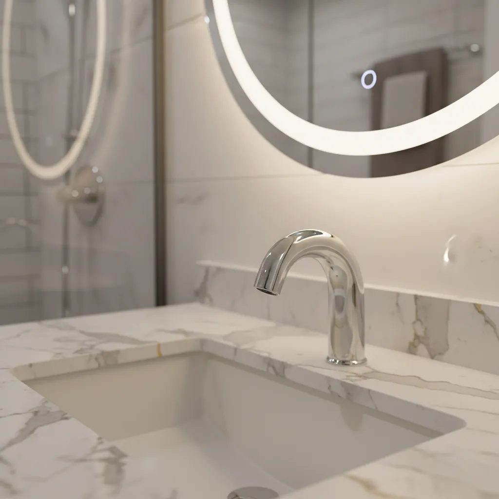 Close view of chrome faucet reflecting bathroom lighting