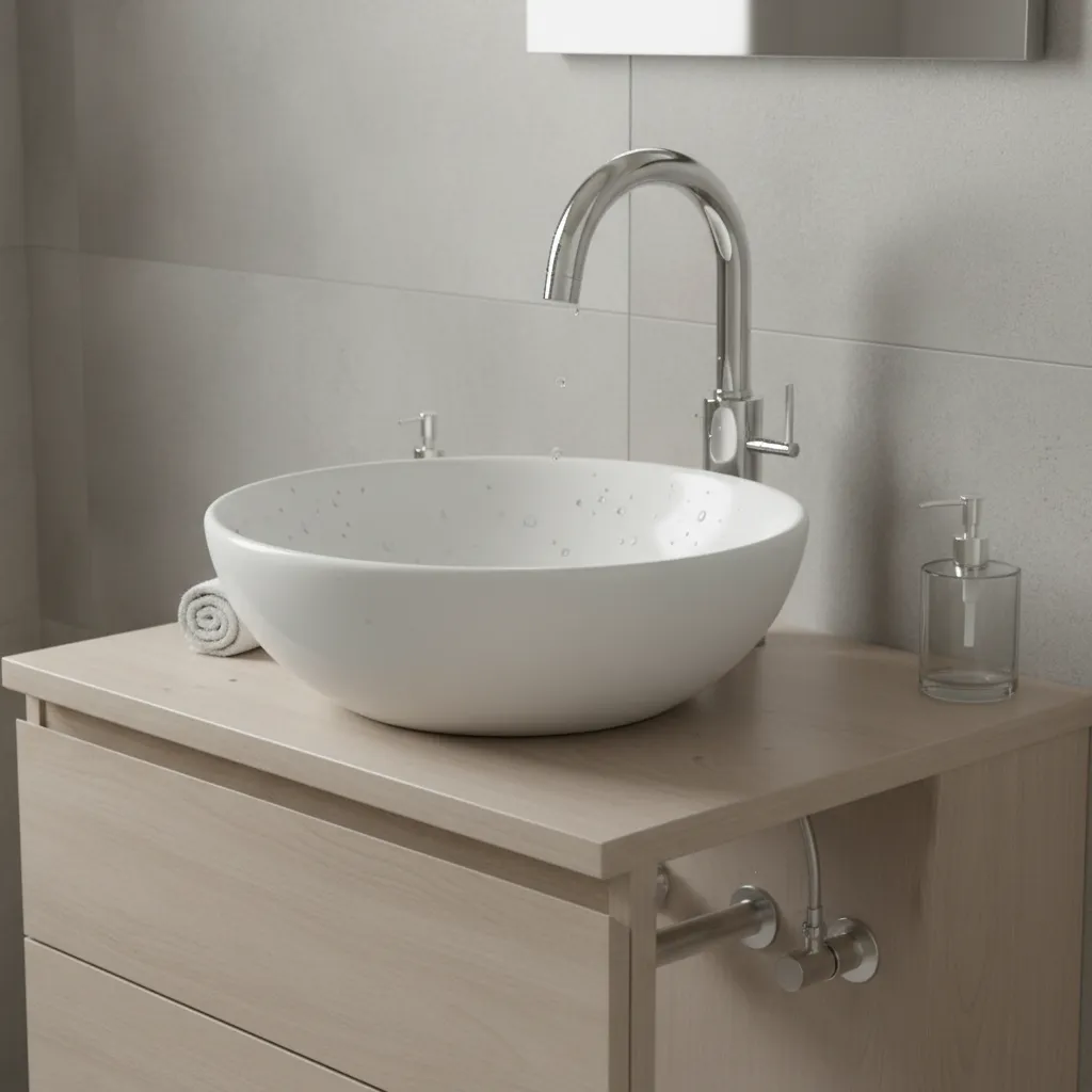 Close up of chrome bathroom tap with clean surface and modern sink