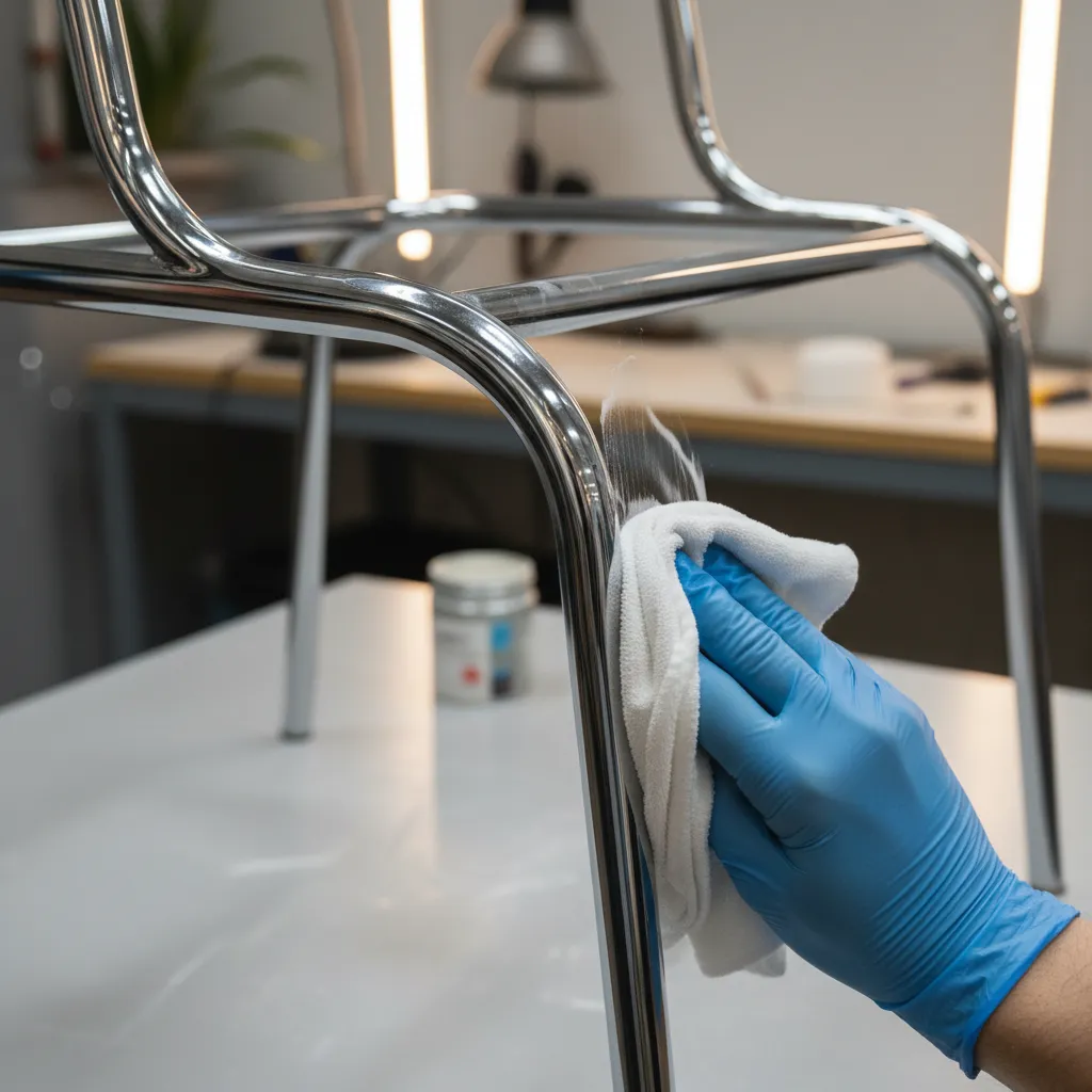 polishing scratched chrome furniture leg with polishing compound