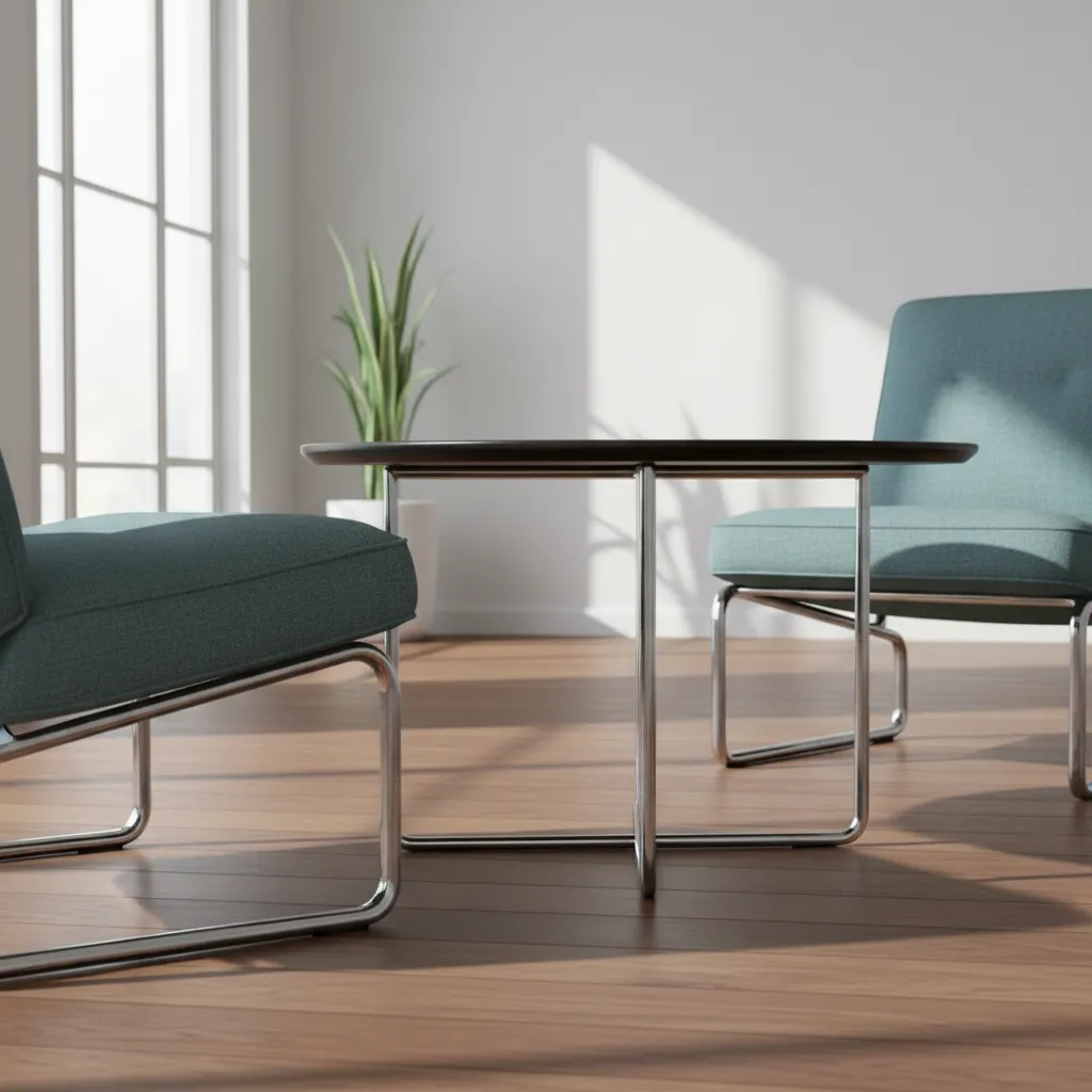 Chrome metal legs on mid century modern furniture creating contrast with walnut wood