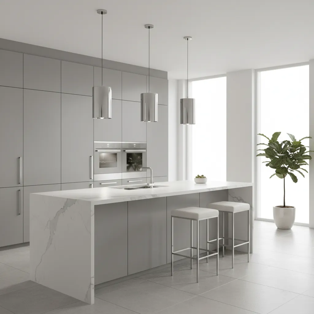 Contemporary kitchen with chrome pendant lights reflecting bright space