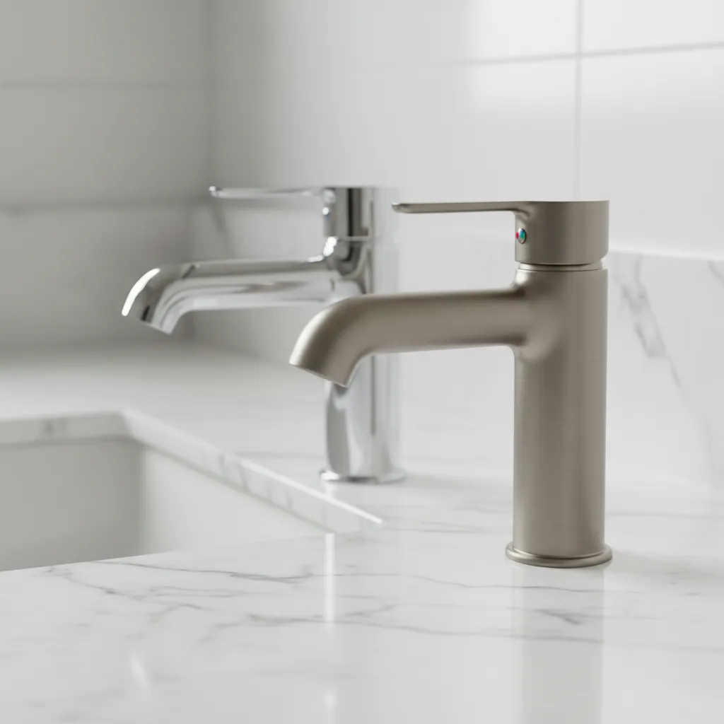 close-up comparison chrome polished and brushed nickel faucet finishes