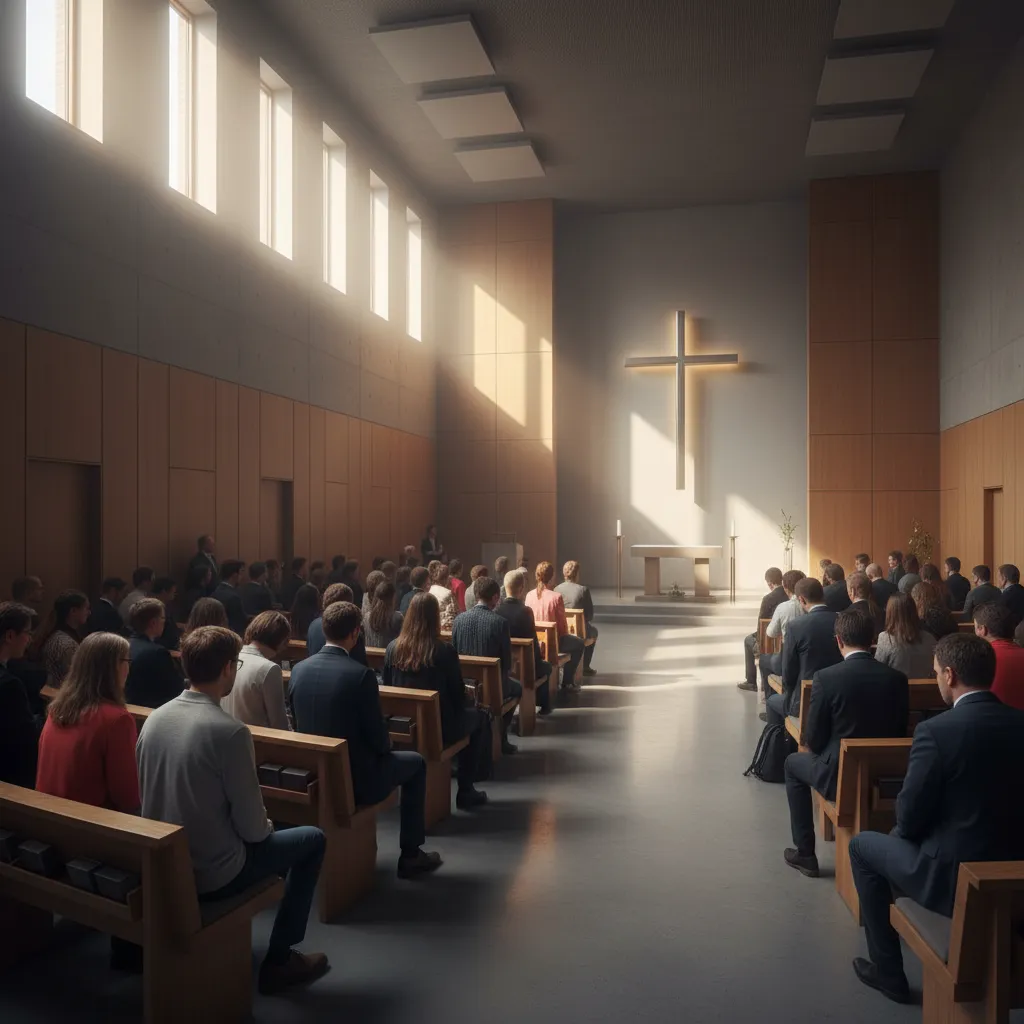 Church community gathered with warm light representing the message spreading to the world