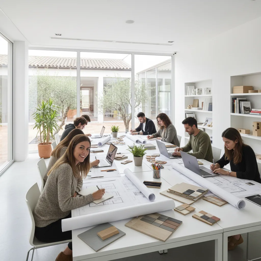 Students working on laptops and interior design drawings at white table in bright modern classroom