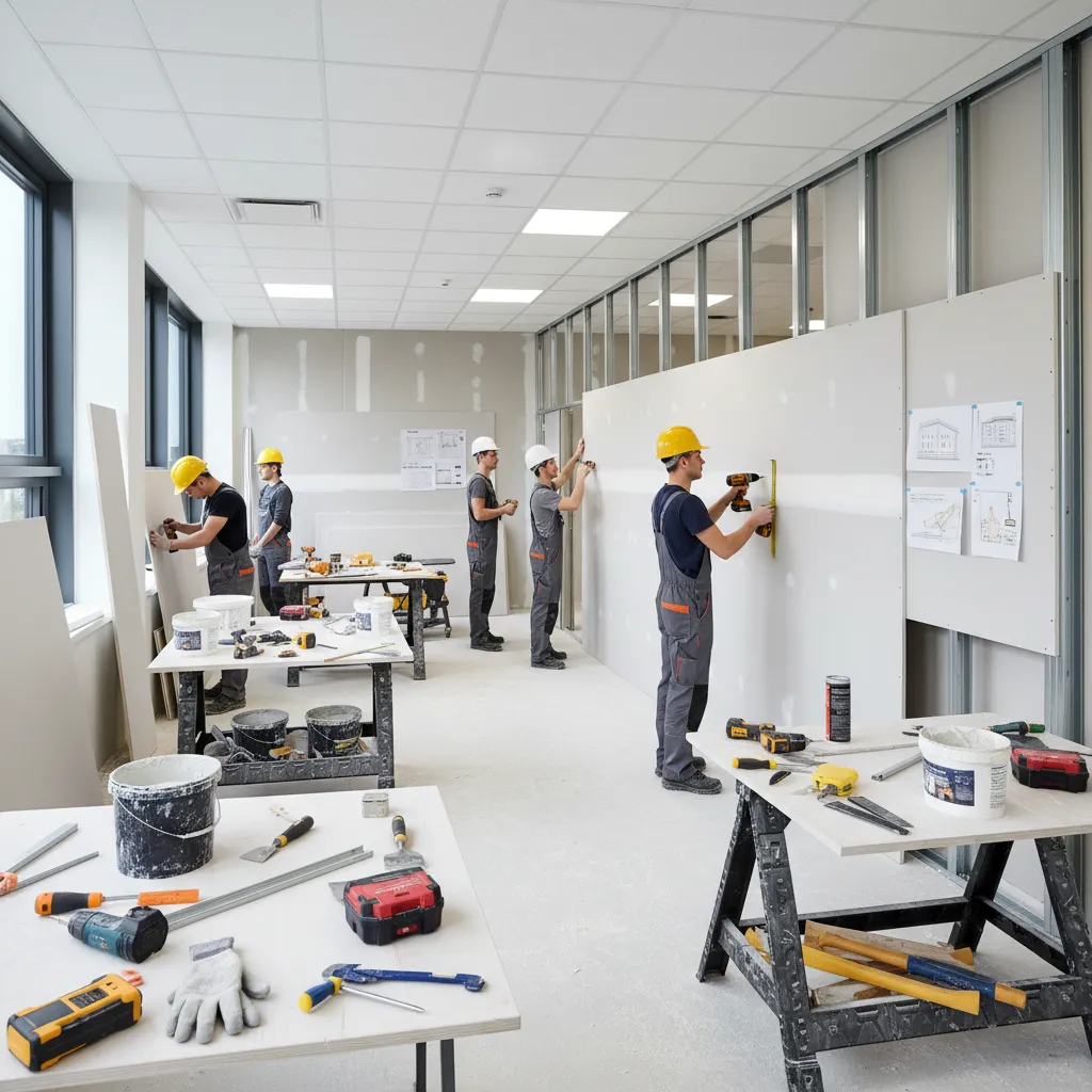 Workers in hard hats installing white wall panels in a bright room with many tools
