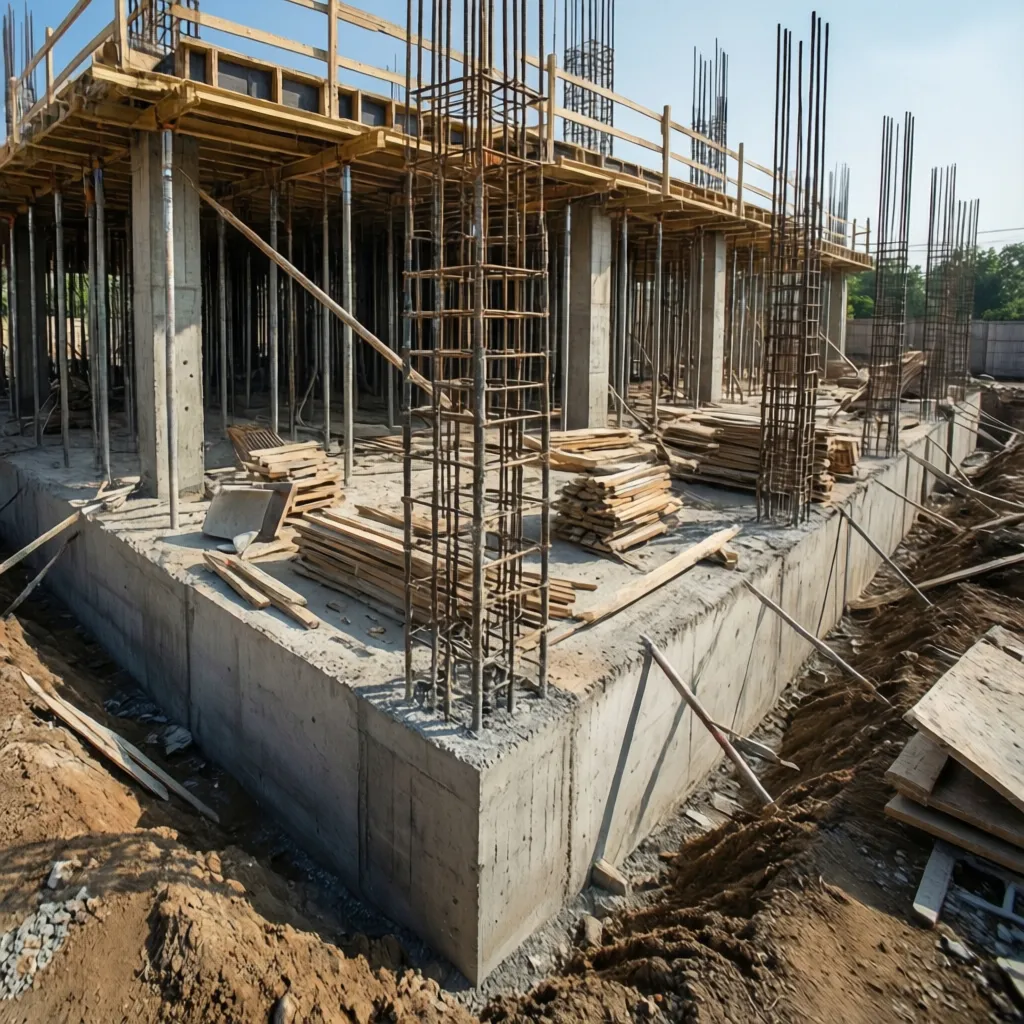 Cimentación de hormigón de una casa en fase de construcción